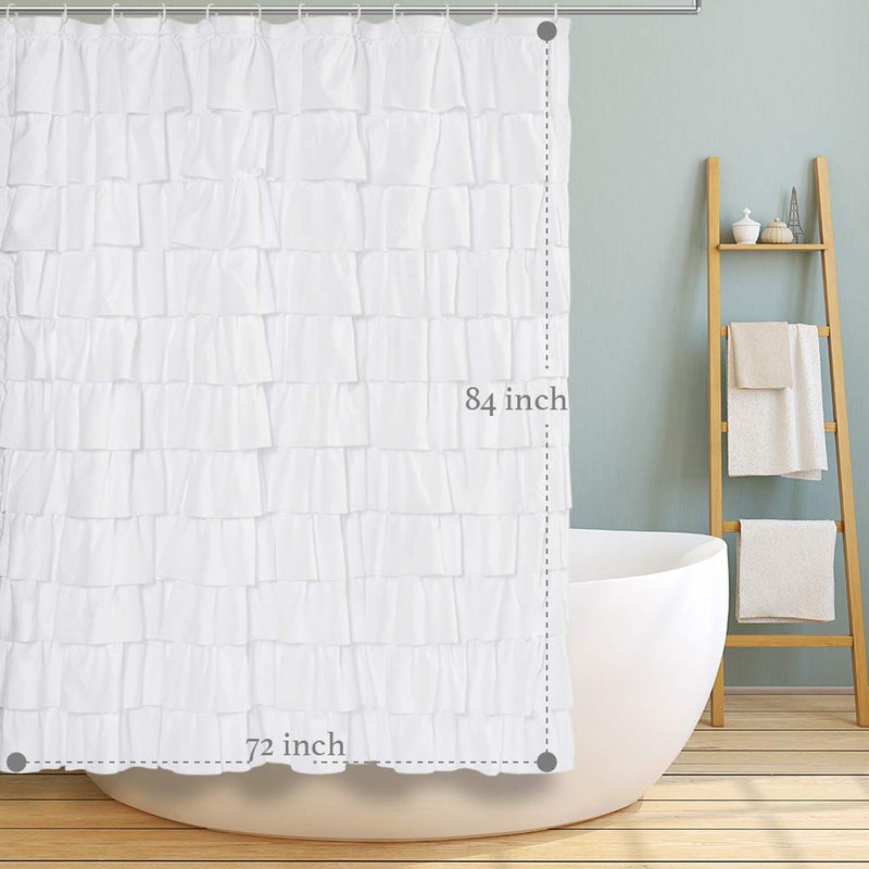 WestWeir Ruffle Shower Curtain,84-inches Extra Long,White Ruffled Bath Curtains for Bathroom,Fabric Farmhouse Decor,Soft Touch Decorative Cloth Texture,(L84xW72 inch,1 Panel) - Image 4